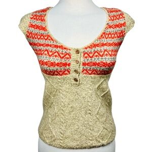 Free People Babydoll Orange Red and Cream Knit Cap Sleeve Sweater Top Size XS